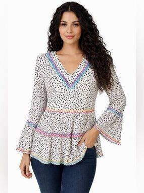 Savanna Jane Polka Dot Boho Peplum Top Bell Sleeve V Neck Embroidered Trim